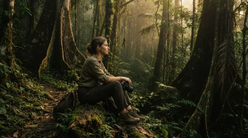 Solo female traveler sitting quietly at the edge of an Amazon rainforest trail in South America, misty tropical forest atmosphere at golden hour