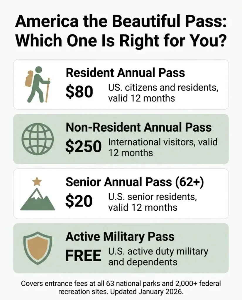 Infographic comparing America the Beautiful Pass types for national parks in 2026, showing Resident at 80 dollars, Non-Resident at 250 dollars, Senior Annual at 20 dollars, and Military free