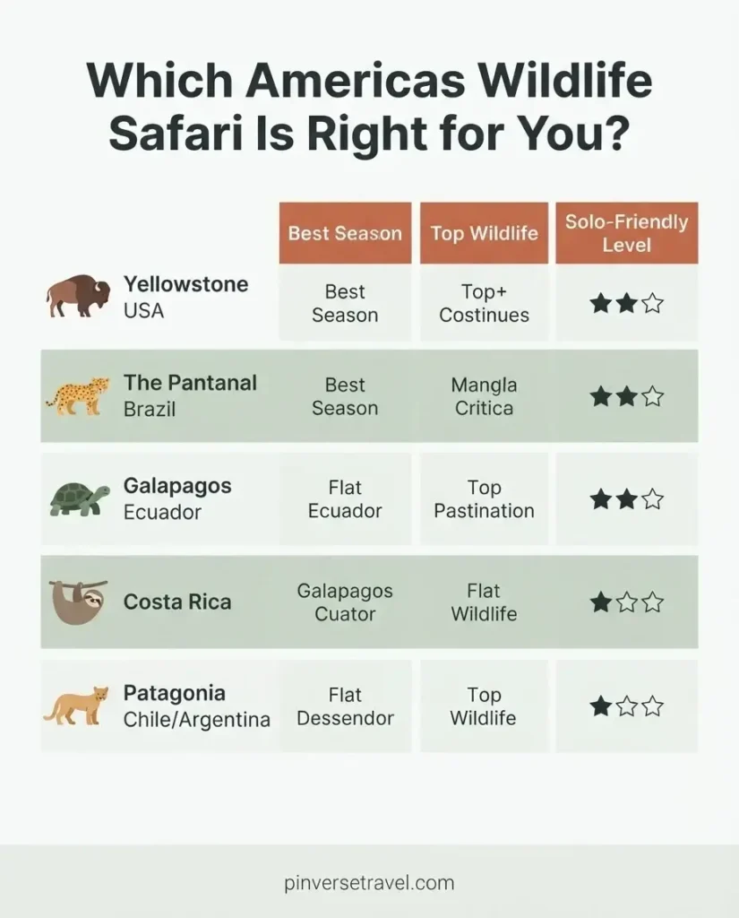 Infographic comparing five Americas wildlife safari destinations including Yellowstone Pantanal Galapagos Costa Rica and Patagonia by best season solo friendliness and wildlife highlights