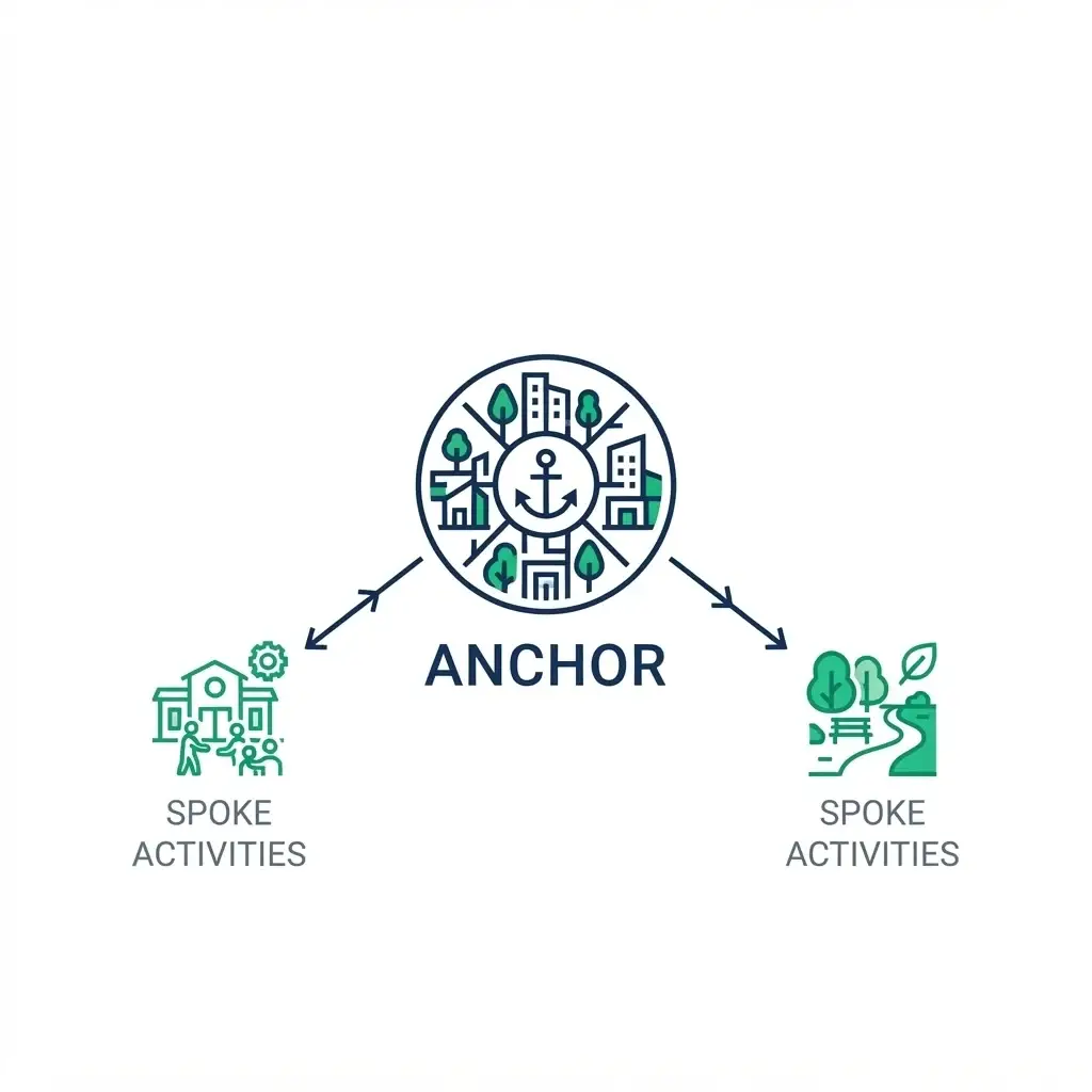 A diagram illustrating the Anchor and Spoke travel method, showing one central neighborhood hub with two smaller outreach activity nodes.