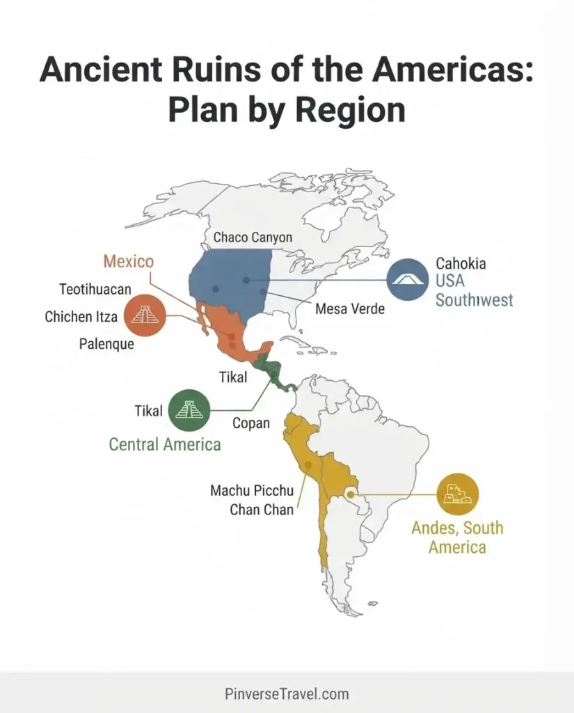Infographic map showing ancient ruins travel clusters across the Americas grouped by region including Mexico Mesoamerica Andes and USA Southwest
