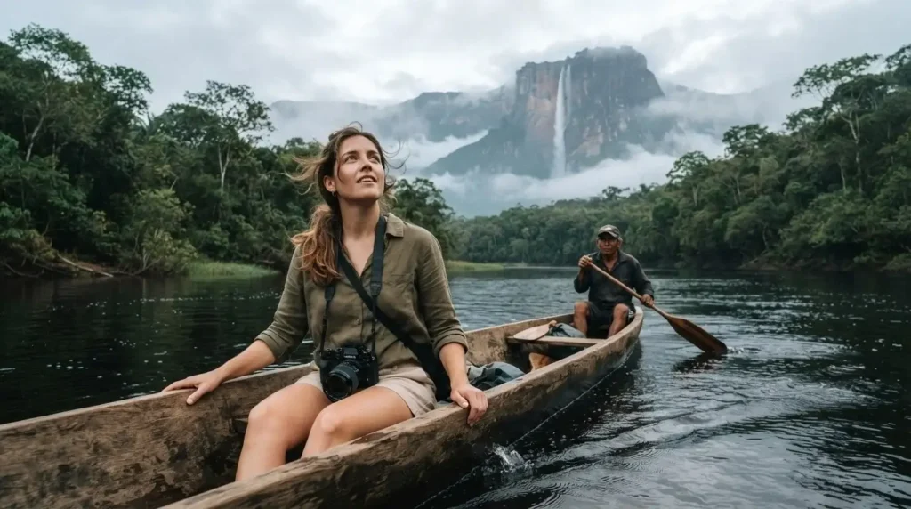 Solo female traveler on a wooden dugout canoe approaching Angel Falls through Canaima National Park jungle, Venezuela