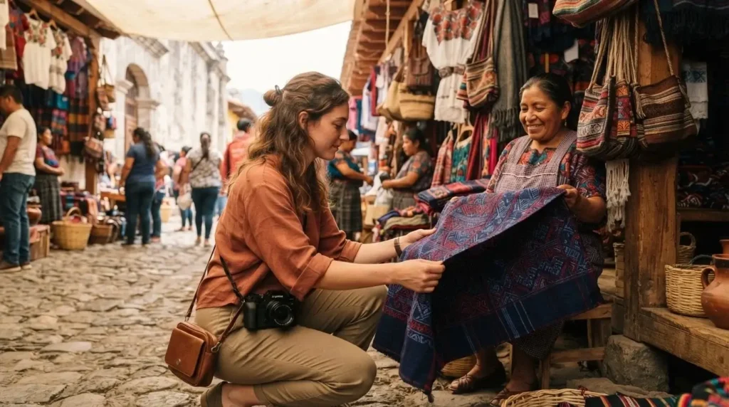 Solo female traveler browsing handwoven Maya textiles at an artisan market in Antigua Guatemala surrounded by colorful colonial stalls