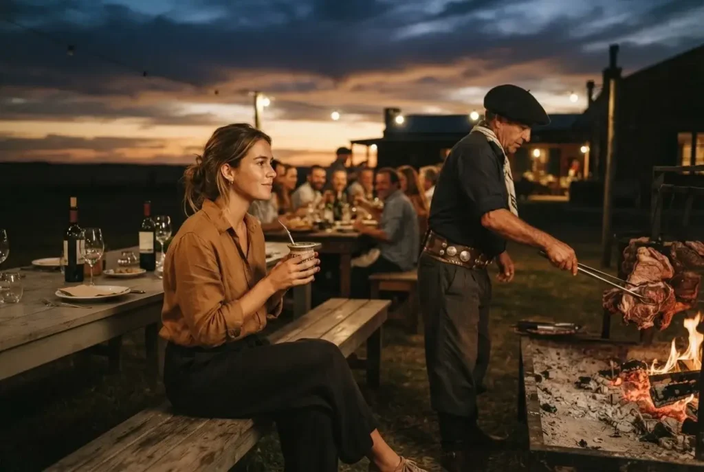 Solo female traveler seated at an open-fire asado on an Argentine estancia at dusk, gaucho preparing meat over glowing embers under a wide Pampas sky