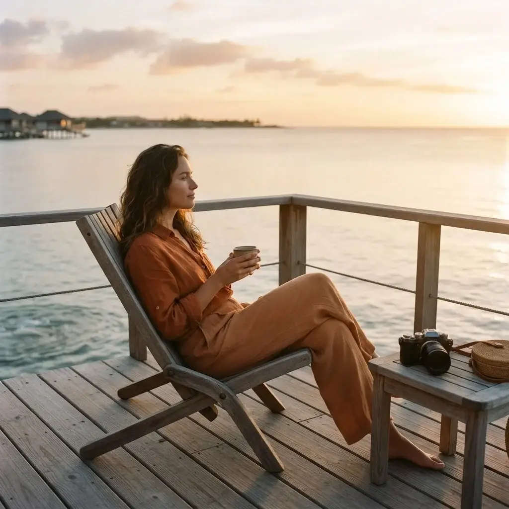 Solo female traveler relaxing on an overwater villa deck in Savaneta Aruba, holding a coffee cup, warm sunset light reflecting off calm Caribbean sea