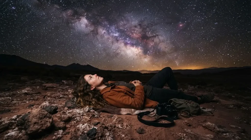 Female solo traveler lying on desert sand in the Atacama looking up at a dense Milky Way night sky near San Pedro de Atacama Chile