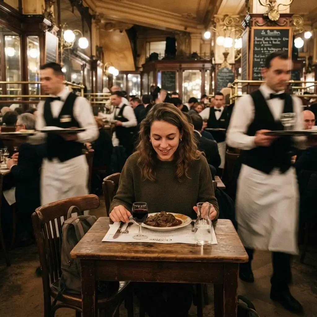 A solo traveler sitting at a vintage wooden table in a bustling Parisian bouillon, surrounded by historic brass railings and high ceilings.