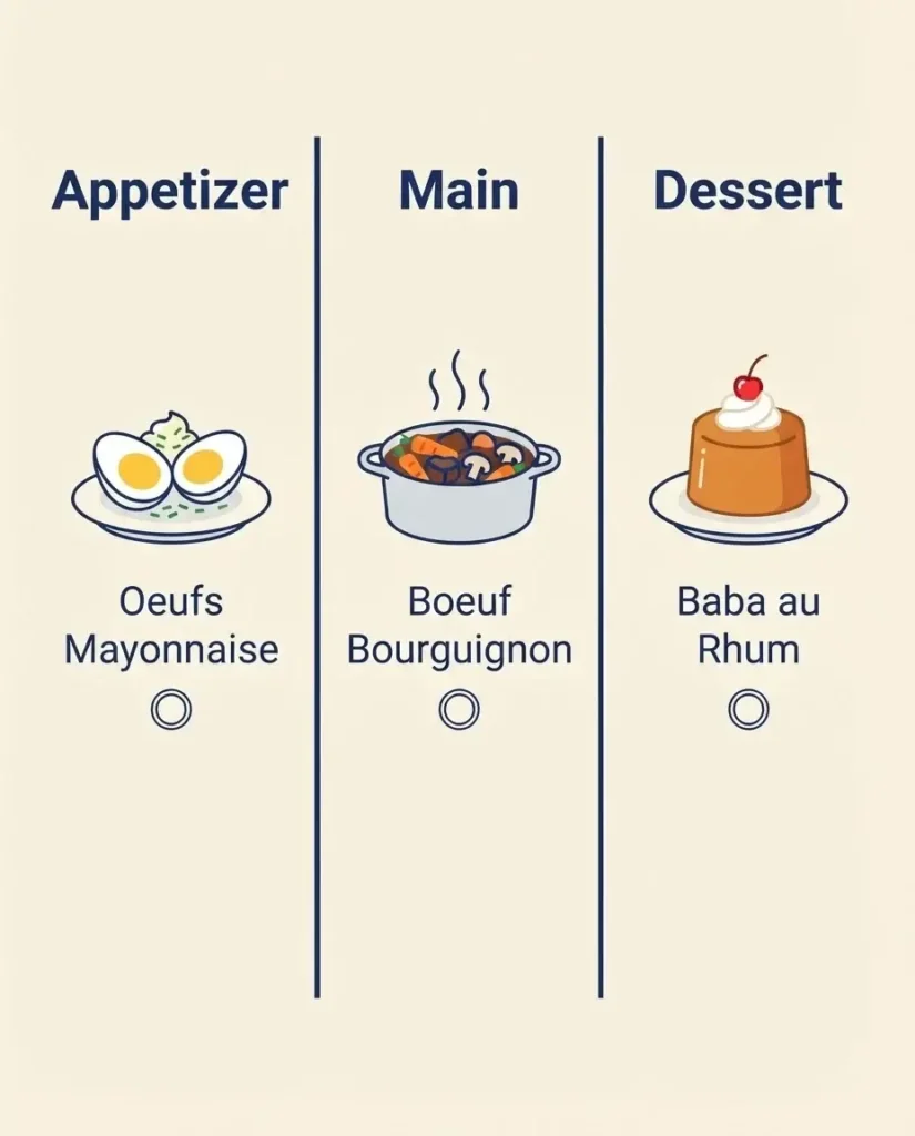 A stylish menu visualization showing a three-course authentic French meal at a bouillon with price icons to illustrate budget-friendliness.