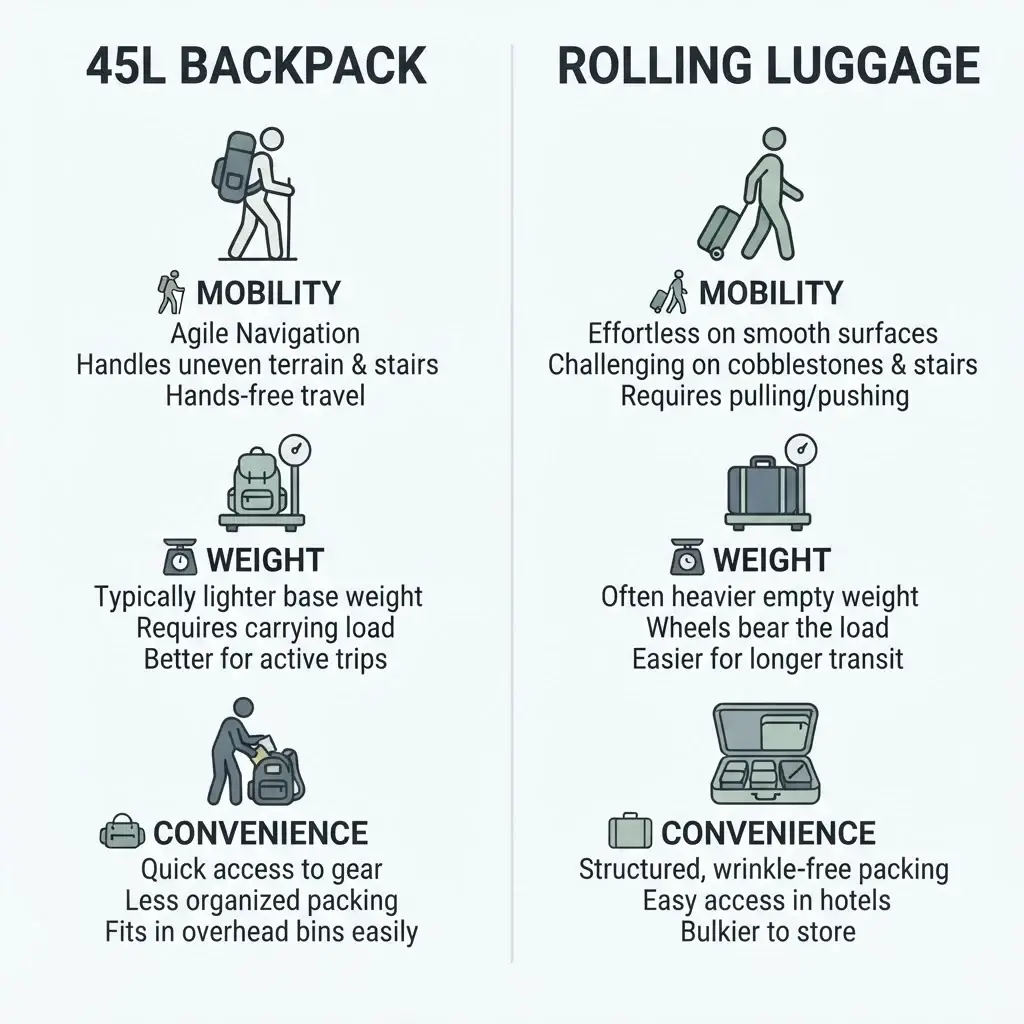 A minimalist flat vector comparison table showcasing the benefits of 45L carry-on backpacks versus wheeled luggage for digital nomads.