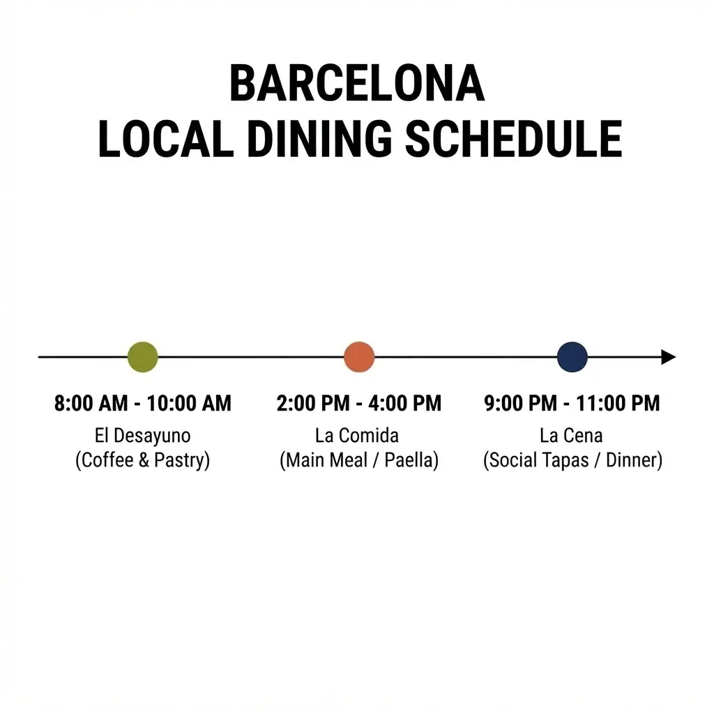 A clean flat-vector timeline graphic contrasting local Barcelona dining times for El Desayuno at 8 AM, La Comida at 2 PM, and La Cena at 9 PM.