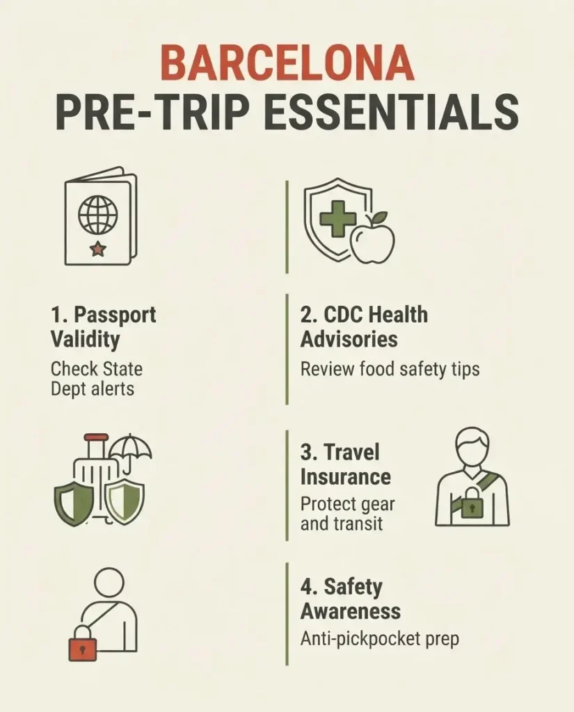 A minimalist vector checklist layout titled Barcelona Pre-Trip Essentials highlighting Passport Validity, CDC Health Advisories, World Nomads Travel Insurance, and Pickpocket Safety.