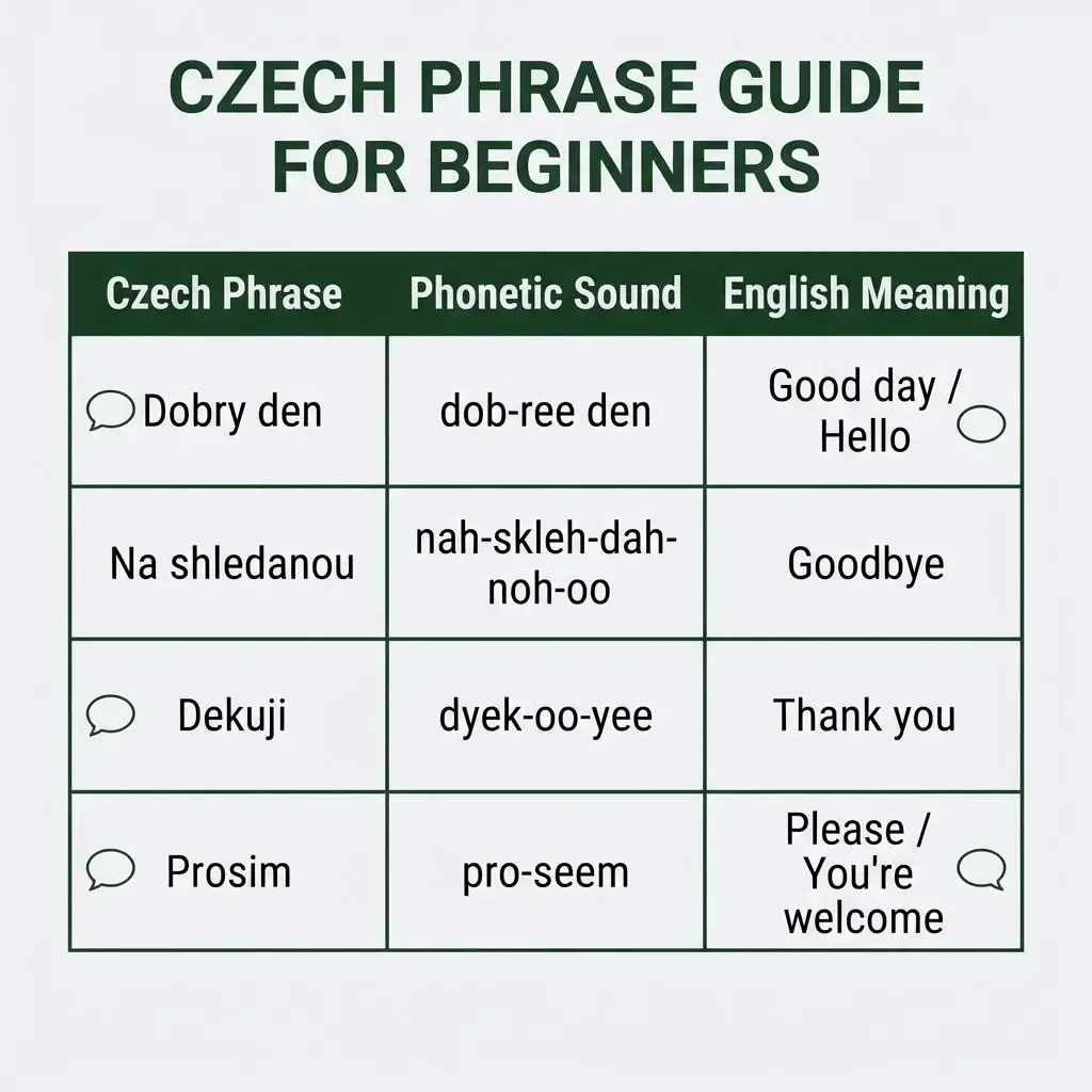A clean 1:1 square language comparison table infographic charting basic Czech travel phrases alongside their phonetic pronunciations and English meanings.