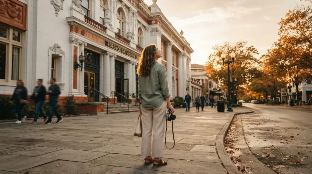 Solo female traveler standing on Central Avenue in front of the ornate white stucco Fordyce Bathhouse at Hot Springs National Park in Arkansas