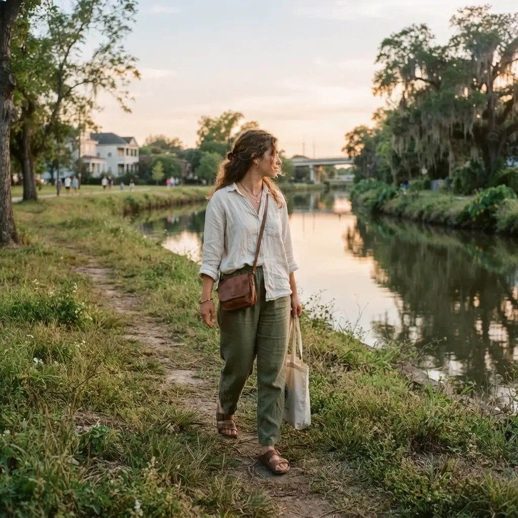 An authentic photograph of a young woman with natural brown hair walking along the grassy, peaceful banks of Bayou St. John in the Mid-City neighborhood of New Orleans during late afternoon.