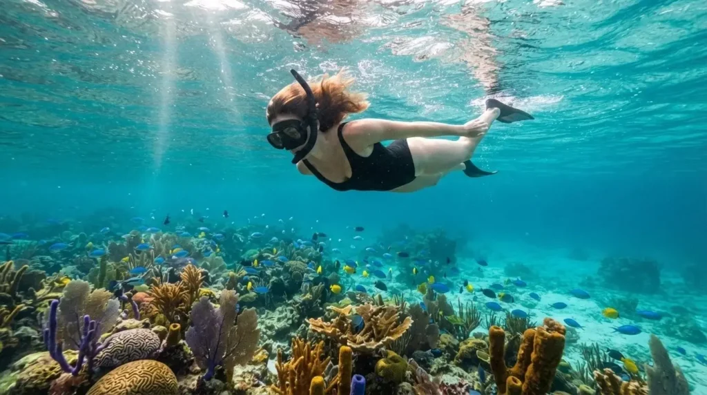Underwater view of a solo female snorkeler exploring the colorful coral gardens of the Belize Barrier Reef, tropical fish surrounding her, crystal clear turquoise water