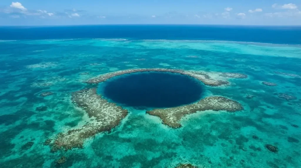 Aerial cinematic view of the Great Blue Hole in Belize, deep navy-blue circular sinkhole surrounded by shallow turquoise reef water and coral atoll, Lighthouse Reef Belize