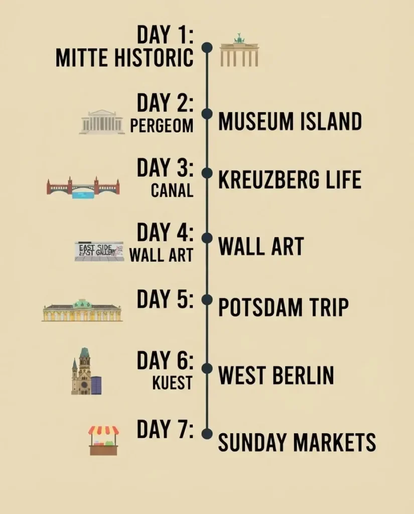 A premium flat vector data visualization showing a day-by-day flowchart timeline route for a one-week trip to Berlin, utilizing minimalist landmarks and clean destination markers.