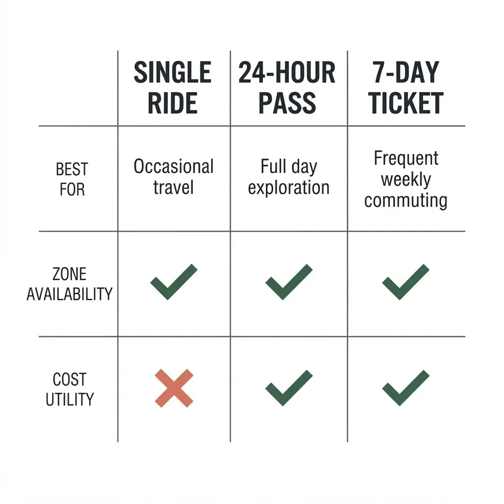 A flat comparison matrix matrix graphic detailing the Single Ticket, 24-Hour Ticket, and 7-Day Ticket options in Berlin, breaking down cost efficiency, transit zone coverage, and optimal usage rules.