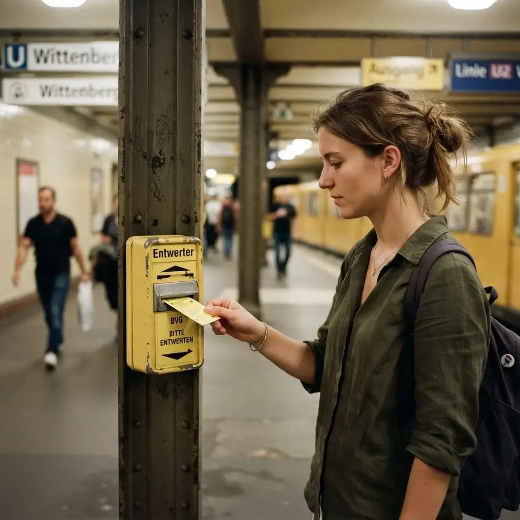 A female traveler validating a paper transit ticket at a yellow stamping machine on a historic Berlin U-Bahn subway station platform.