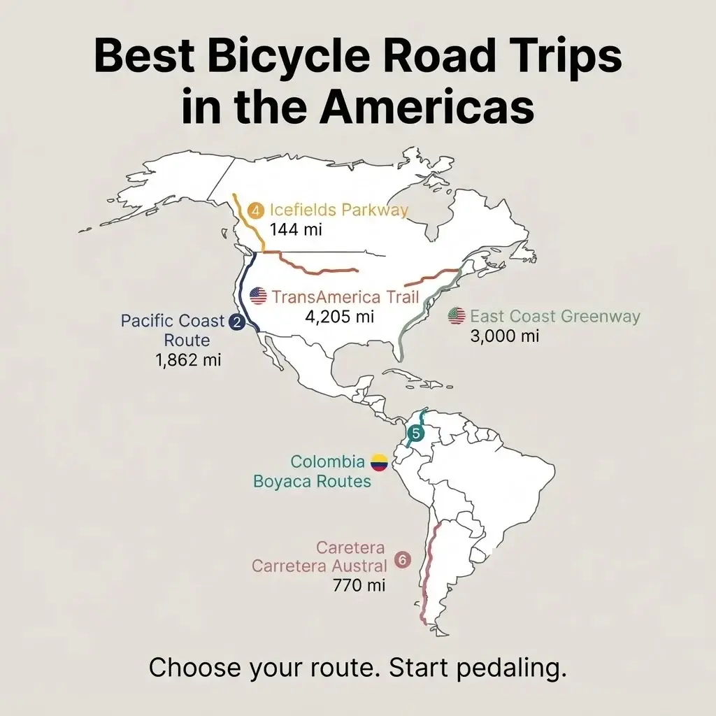 Flat minimalist map infographic comparing six best bicycle road trips in the Americas including TransAmerica Trail Pacific Coast Icefields Parkway East Coast Greenway Carretera Austral and Colombia
