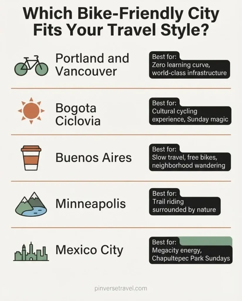  Infographic comparing the most bike-friendly cities in the Americas for solo travelers including Bogota Portland Vancouver Buenos Aires Mexico City and Minneapolis
