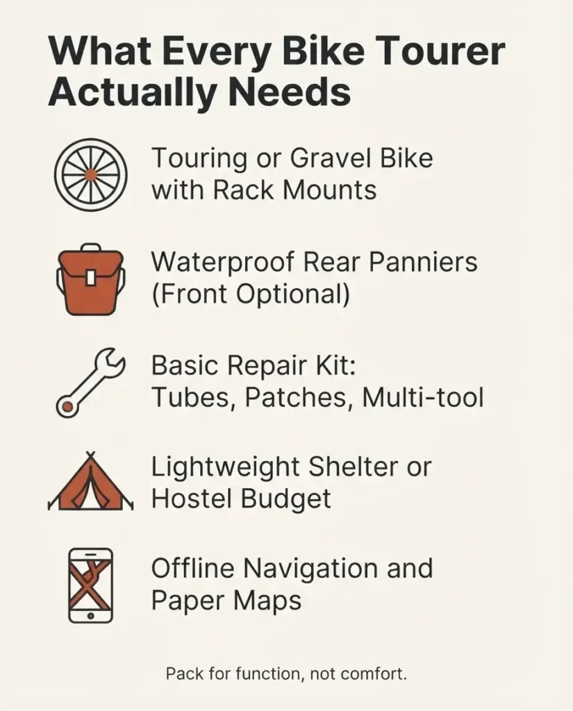 Flat minimalist infographic checklist of essential gear for long distance bicycle road trips including panniers repair kit shelter and navigation tools