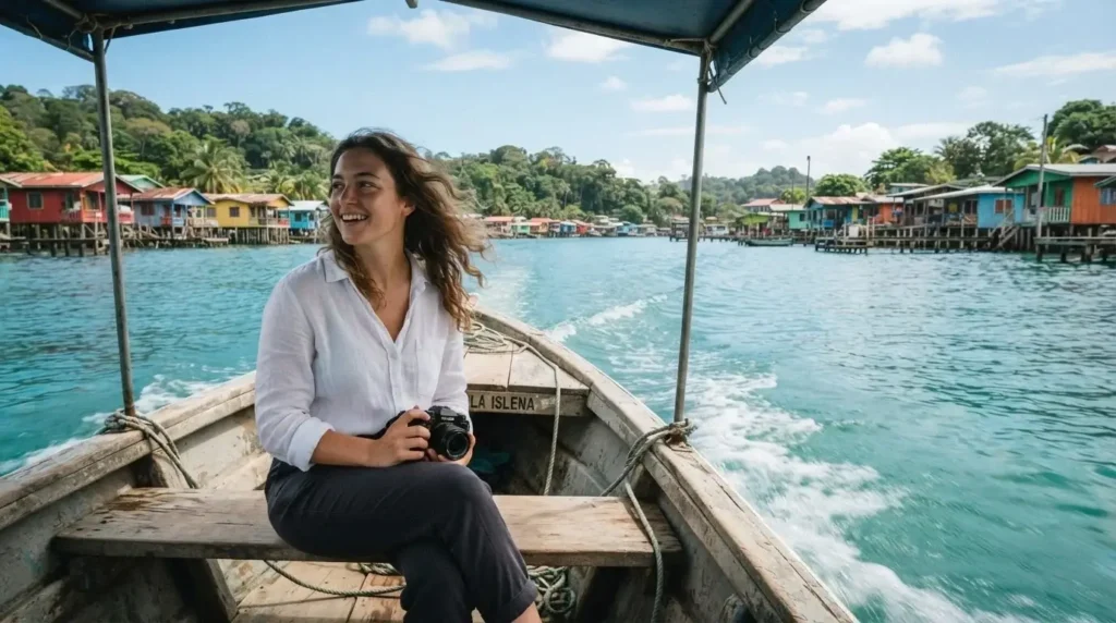 Solo female traveler seated on the bow of a wooden water taxi in Bocas del Toro Panama, passing colorful Caribbean stilt houses on the turquoise water