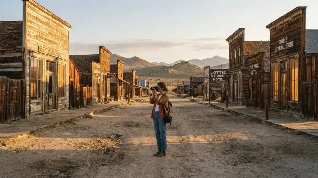 Female traveler with camera standing on the empty main street of Bodie State Historic Park at golden hour, Eastern Sierra Nevada, California