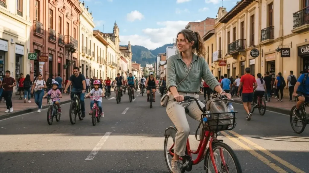 Young female solo traveler on a rental bike joining hundreds of cyclists on Bogota Ciclovia Sunday with colonial architecture and tree-lined Carrera Septima in the background