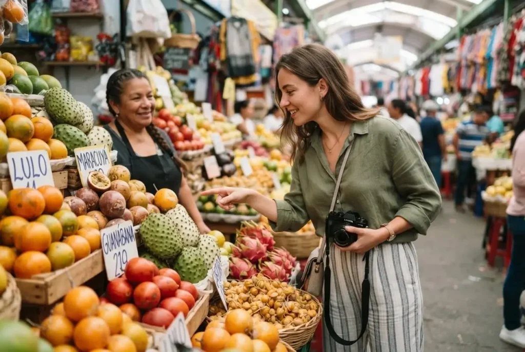 Female solo traveler at a Bogota Colombia open-air fruit market surrounded by exotic tropical fruits, candid eye-level shot, soft diffused morning light