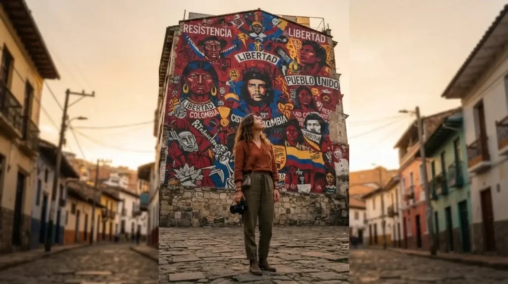 Solo female traveler standing before a towering multi-storey political mural in the La Candelaria neighborhood of Bogota, Colombia, late afternoon warm light on painted building facades