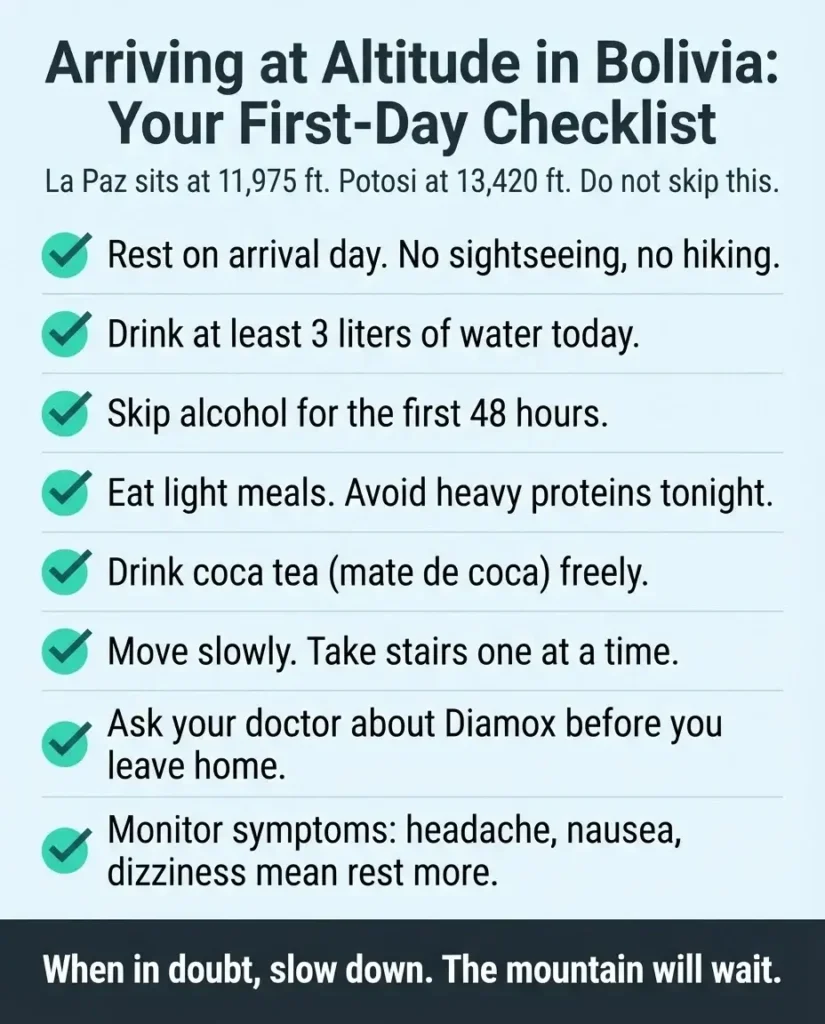 Flat vector checklist infographic showing altitude sickness prevention tips for Bolivia travel including hydration, coca tea, and acclimatization steps