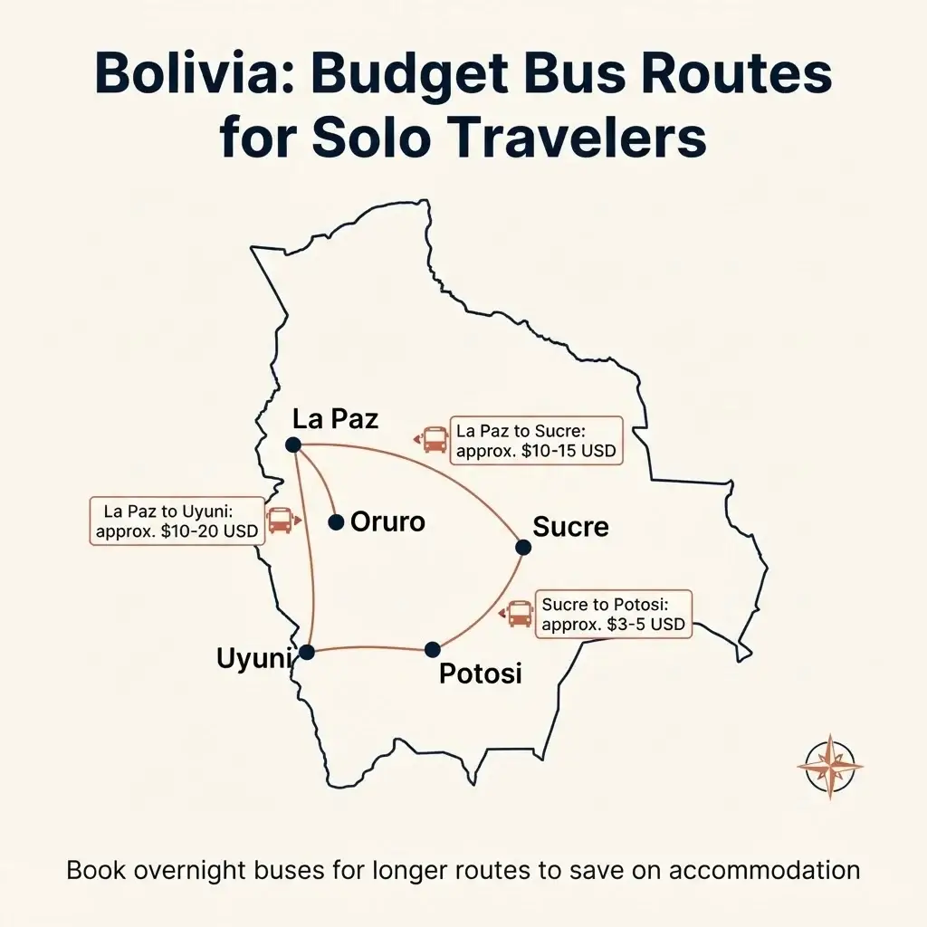 Flat vector route map of Bolivia showing budget bus and transport connections between La Paz, Oruro, Potosi, Sucre, and Uyuni with approximate costs