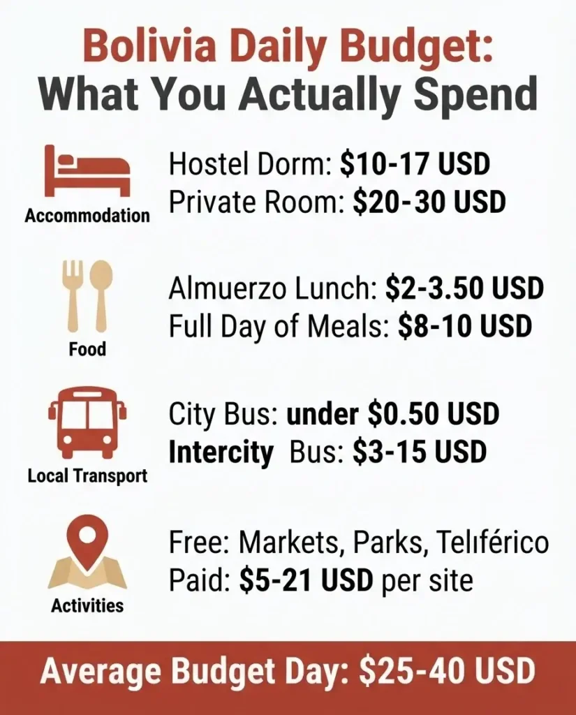 Bolivia daily budget breakdown infographic showing backpacker costs for accommodation, food, transport, and activities in USD