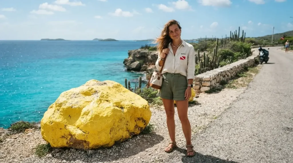 Solo female traveler in casual earthy clothes standing beside a bright yellow painted rock dive site marker on a Bonaire coastal road, dive bag on shoulder, turquoise sea visible behind her
