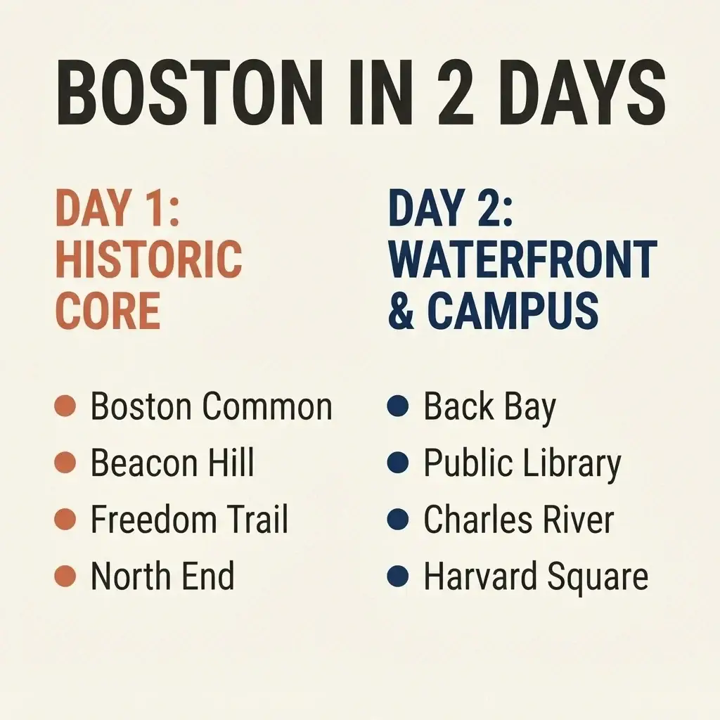 A minimalist vector route map detailing a two-day geographic split of Boston, separating Day One historic core sites from Day Two Back Bay and Cambridge locations.