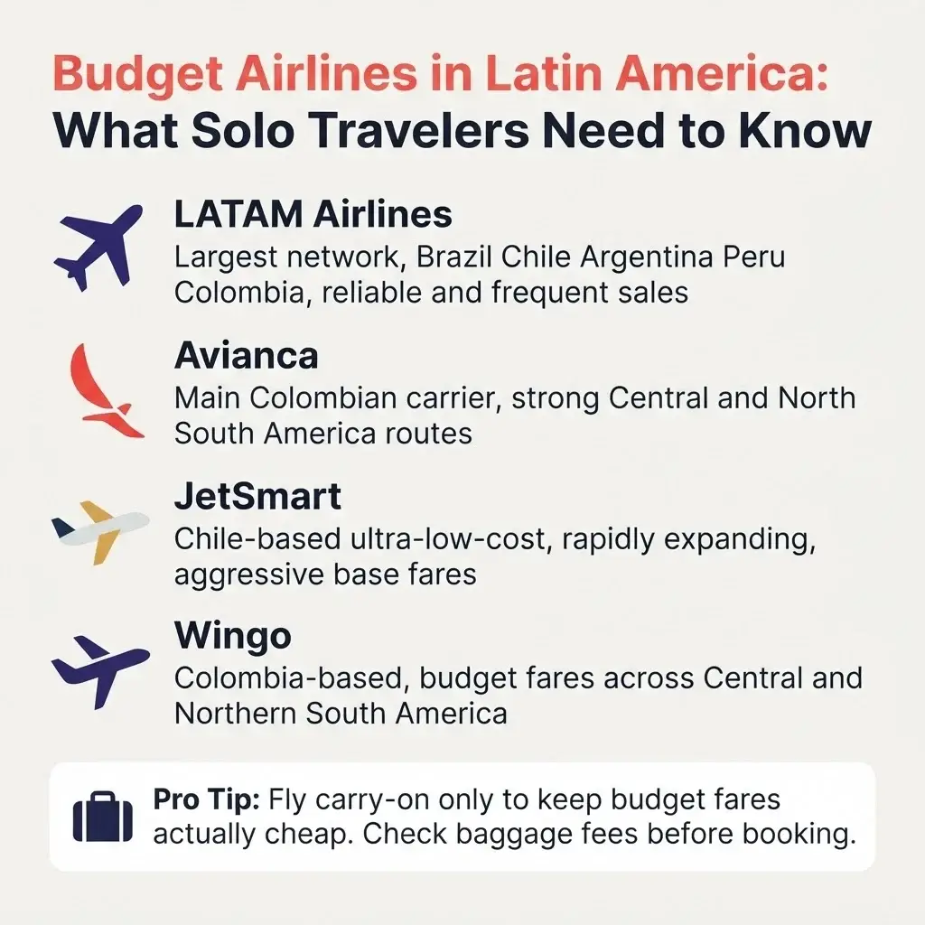 Infographic comparing budget airlines in Latin America including LATAM Avianca JetSmart and Wingo, routes and tips for solo travelers