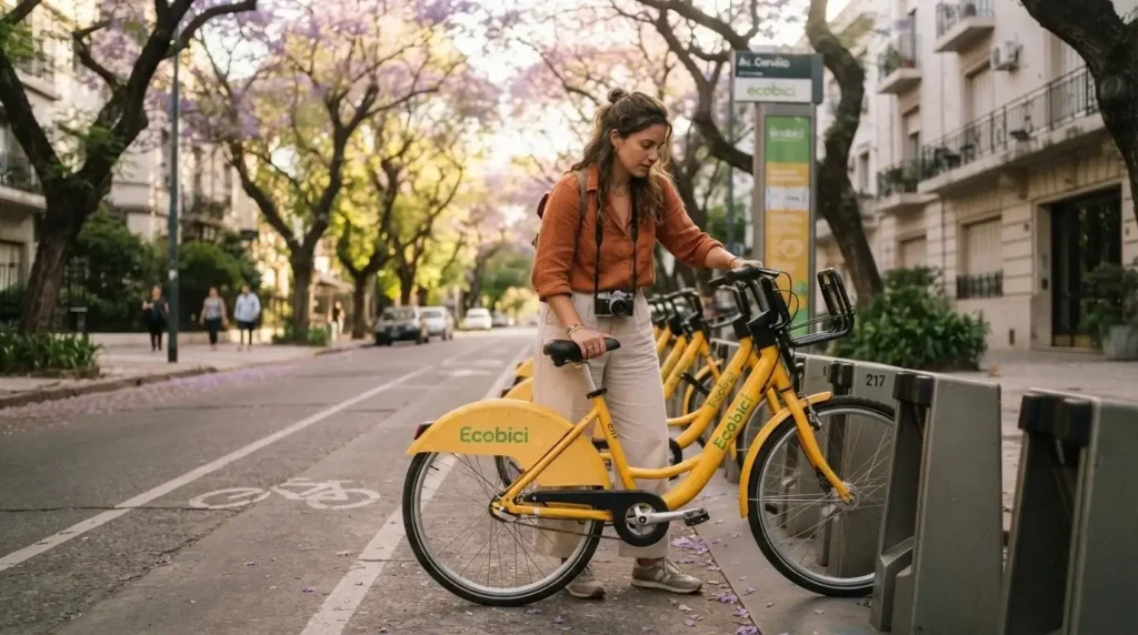 Solo female traveler locking an Ecobici bike at a docking station in Palermo Buenos Aires Argentina on a wide leafy bike lane in dappled afternoon light