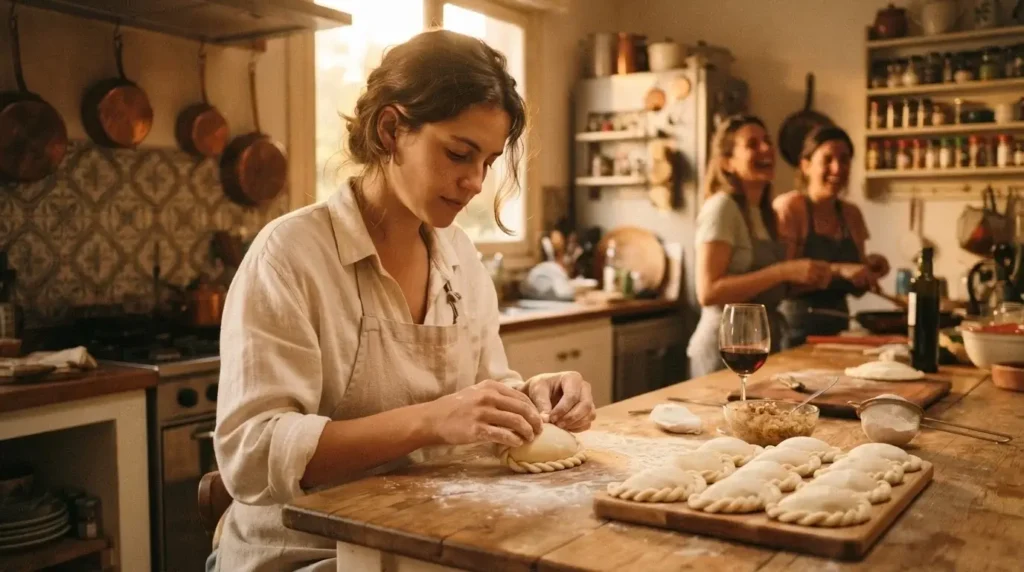Solo female traveler folding empanada dough at a wooden kitchen table during a Buenos Aires cooking class in Argentina