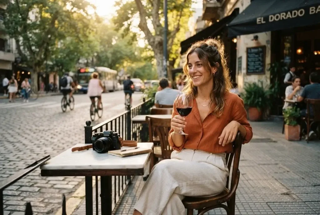 Young solo female traveler seated at a classic Buenos Aires cafe terrace in Palermo at golden hour, cobblestone street visible, holding a glass of Malbec with warm ambient lighting