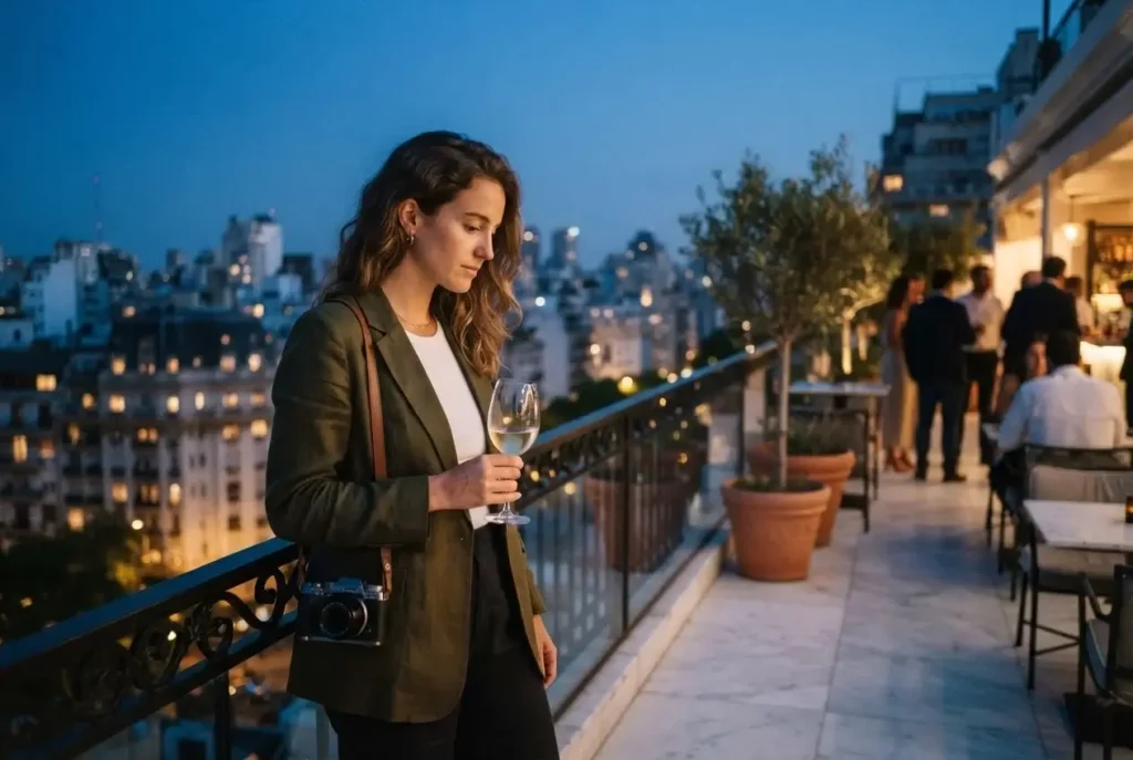 Female traveler at an elegant rooftop bar in Buenos Aires Argentina at evening with city skyline lights and warm ambient glow