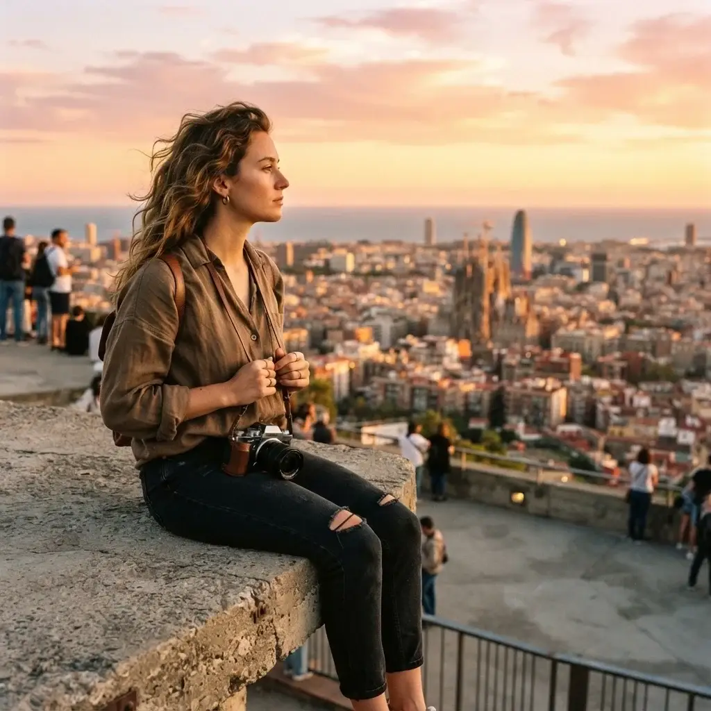A female solo traveler sitting on the concrete ruins of Bunkers del Carmel during a warm pink sunset, looking out over the panoramic skyline of Barcelona.