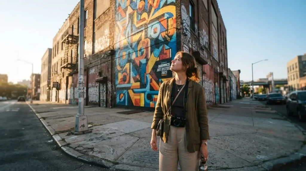 Solo female traveler with mirrorless camera looking up at a large colorful mural on a warehouse wall in the Bushwick Collective, Brooklyn, New York, early morning golden light