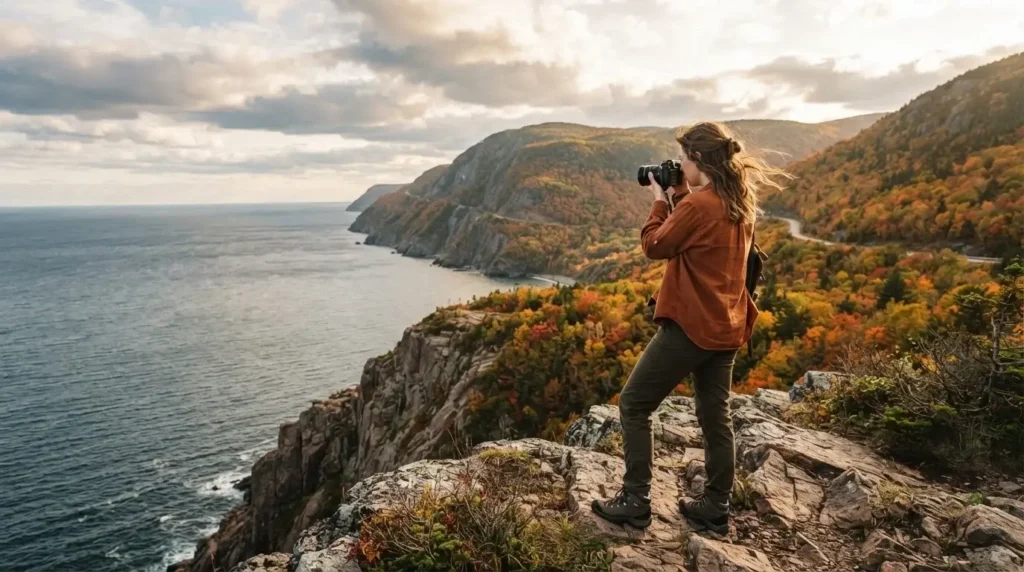 Solo female traveler standing at a cliff-edge lookout above the Atlantic Ocean on the Cabot Trail Cape Breton Island Nova Scotia Canada in autumn with orange and red foliage