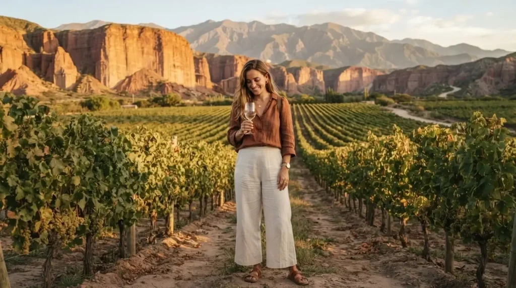 Solo female traveler holding a glass of Torrontés white wine among high-altitude Cafayate vineyards, red rock canyon walls in the background, Salta province, Argentina, golden afternoon light