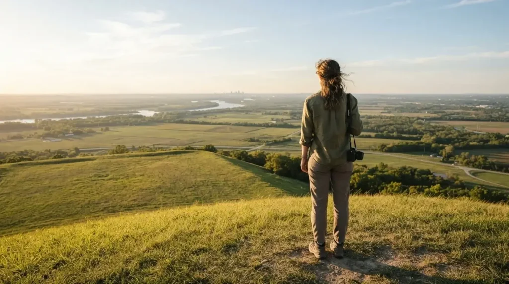 Young female solo traveler looking out from the summit of Monks Mound at Cahokia Mounds Illinois, wide floodplain and distant St Louis skyline visible in soft afternoon light