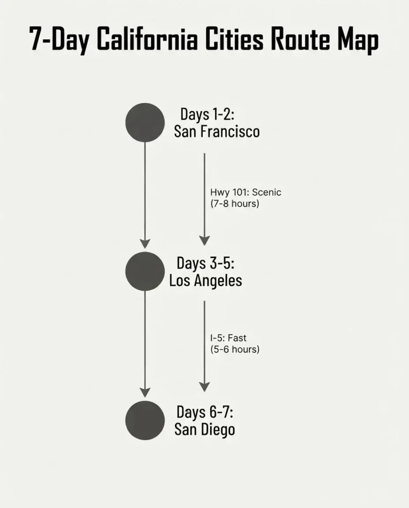 A clean flat vector map diagram outlining the 7-day road trip route connecting San Francisco, Los Angeles, and San Diego with driving times.