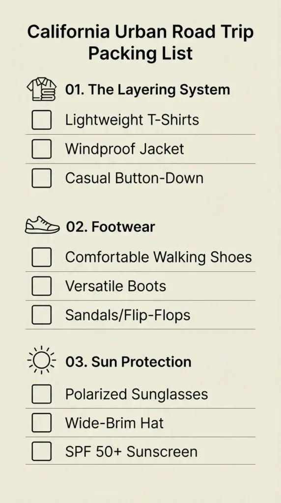 A premium 9:16 vertical checklist graphic displaying essential gear items for a California urban road trip categorized by layers, footwear, and sun protection.