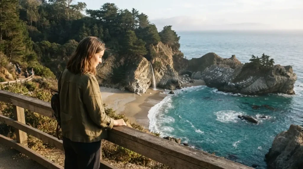 Solo female traveler looking out over McWay Falls and the Pacific Ocean from the overlook trail in Julia Pfeiffer Burns State Park Big Sur California