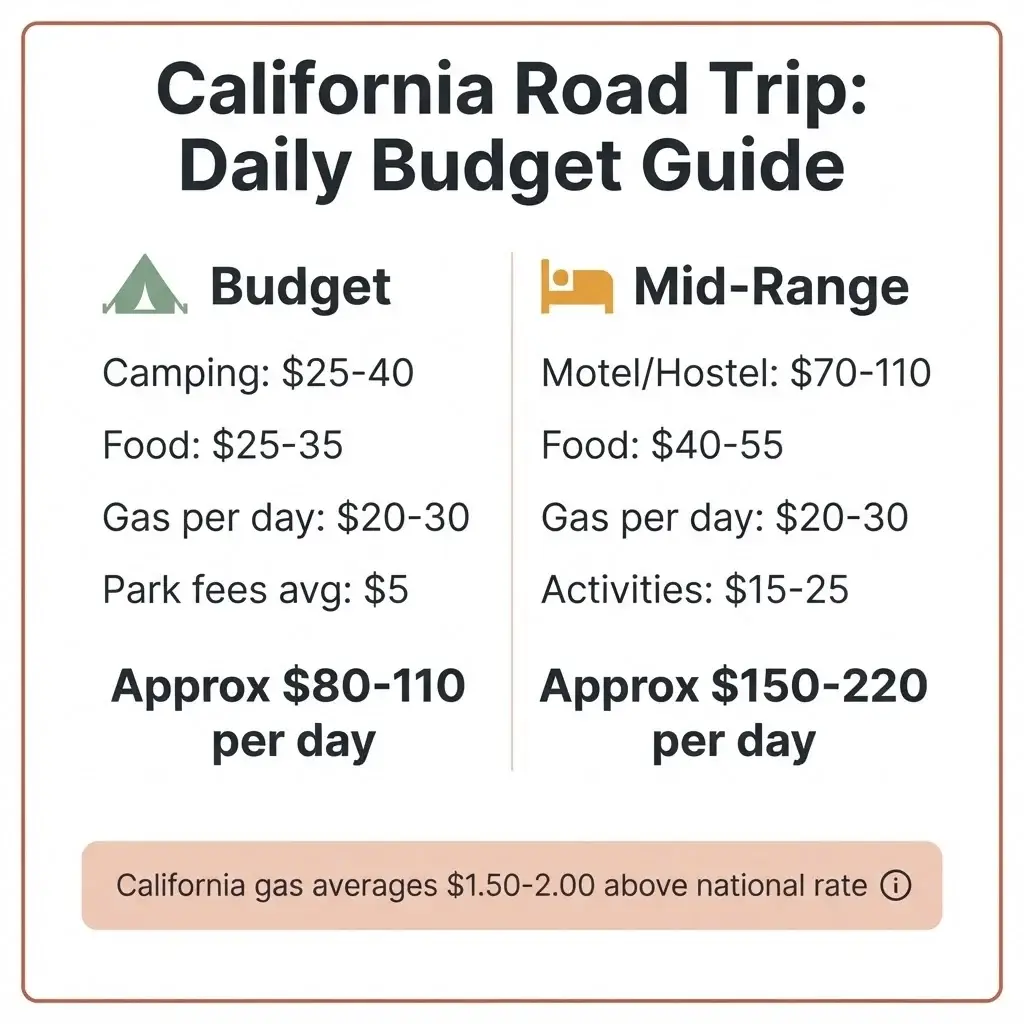 Flat infographic breaking down the average daily cost of a California road trip including gas food accommodation and park fees